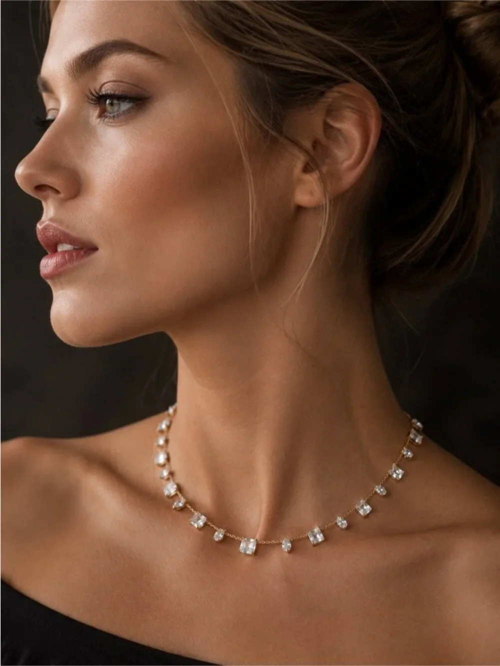 Gold Necklace with Clear Crystal Drops